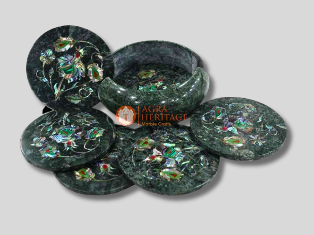 Marble Round Coasters Pauashell Inlay Gemstone